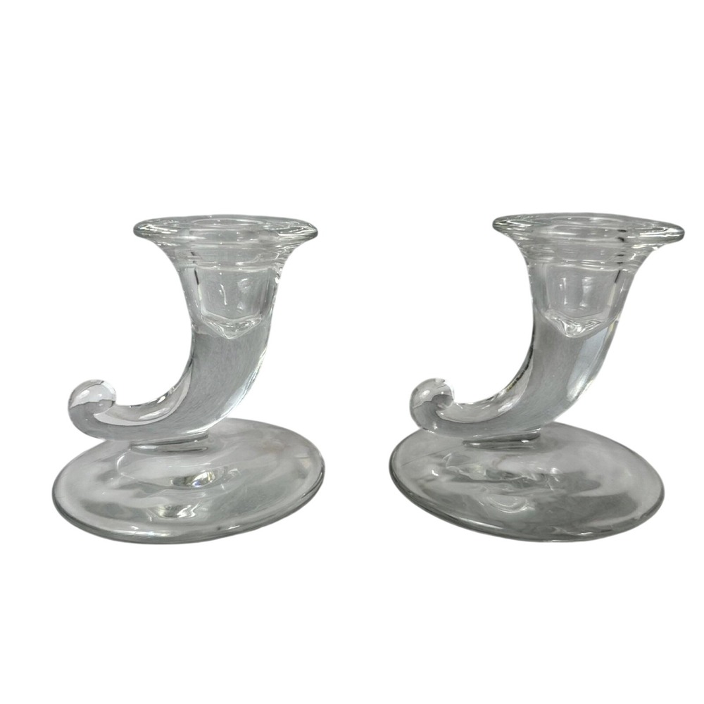 Vintage Glass Cornucopia Candlestick Holders Set 2 Clear Cottagecore